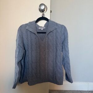 Cozy Cable Knit V-Neck Sweater with Collar - Light Blue